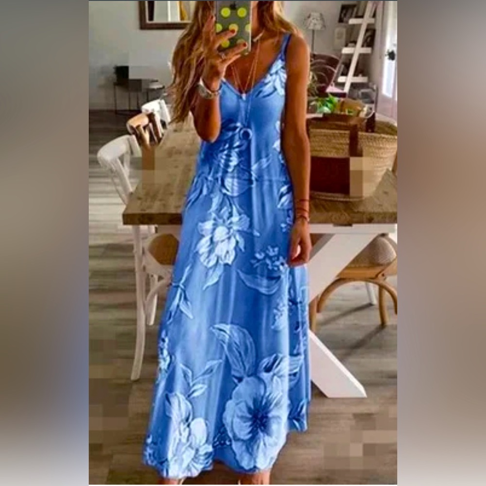 New Women’s Blue Floral Long Boho Dress Sz S